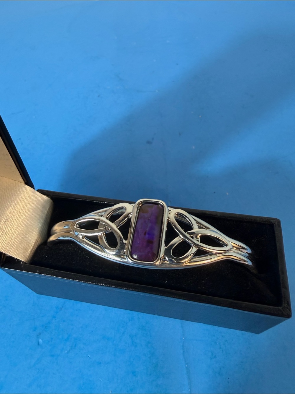 Sterling-Style Silver Bangle with Purple Stone Accent